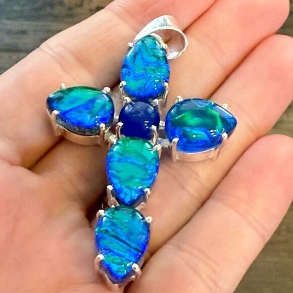Stunning Opal Triplet Gemstone Cross Pendant Necklace Sterling Silver New - Picture 5 of 10